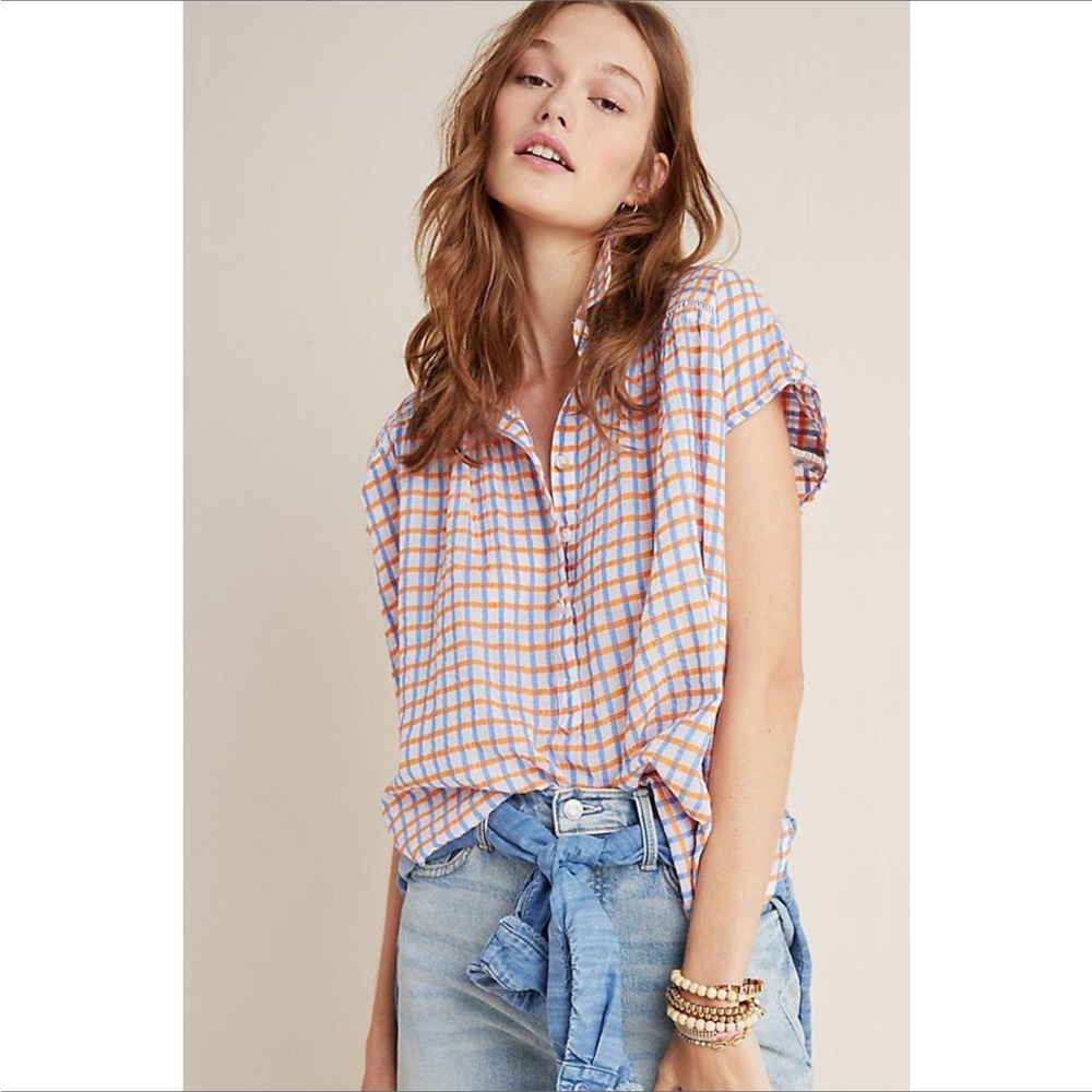Anthropologie Pilcro Serena Surf Henley Blouse Check Seersucker Shirt Top M